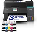 Zwarte Epson EcoTank printer met inktflessen en papier dat '3 jaar inkt inclusief' vermeldt.