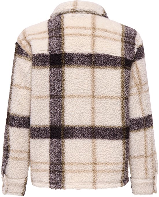 Achterkant van een beige en bruin geruit overshirt van sherpa met een kraag.
