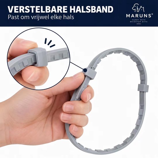 Grijze verstelbare hondenhalsband, getoond hoe de gesp werkt. Past om elke hals.