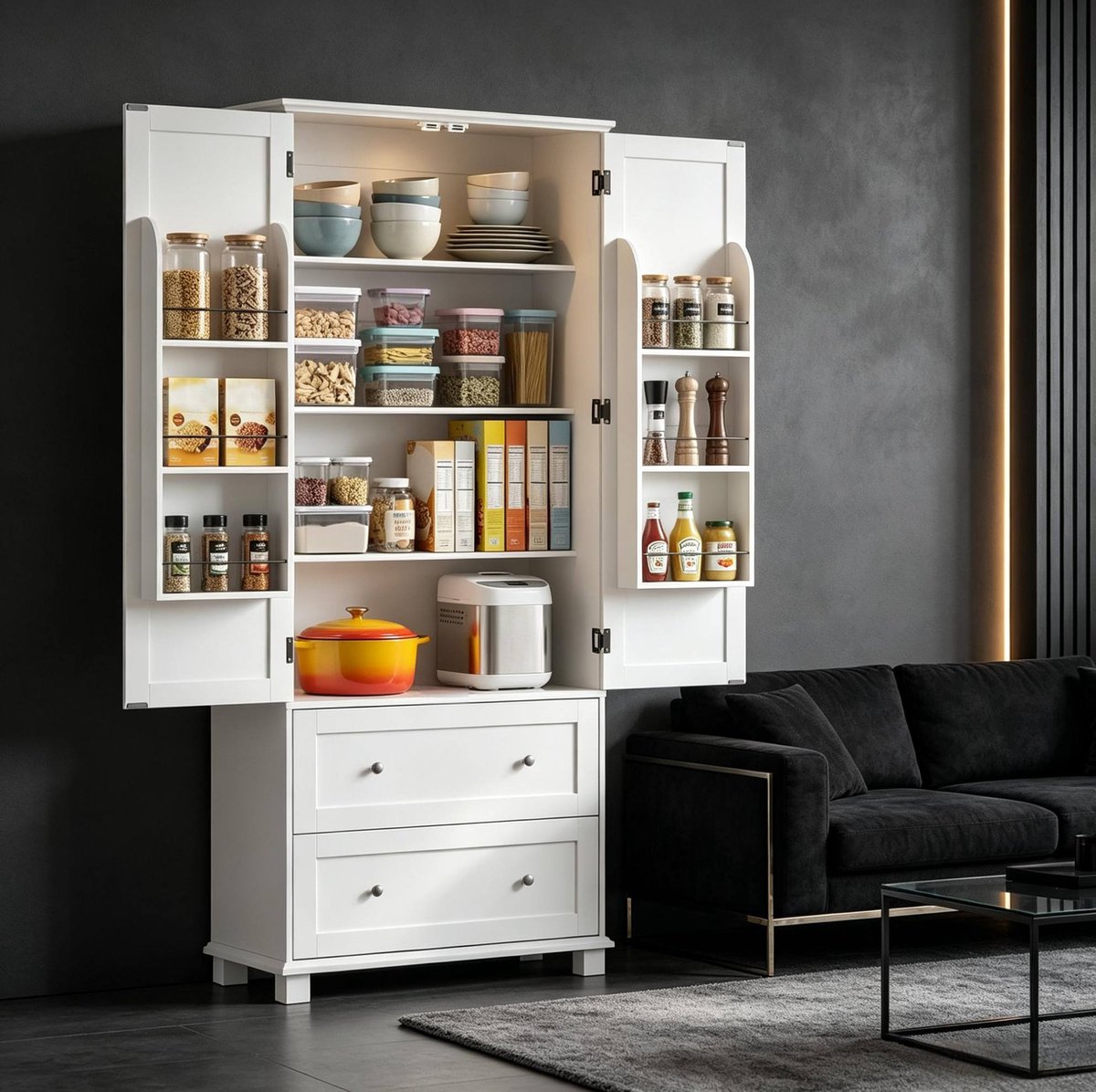 Keukenkast - Hoge Opbergkast Met 2 Deuren, 2 Lades En Verstelbare Planken - Voor Keuken - MDF - 80 X 39,5 X 184,5 Cm - Wit