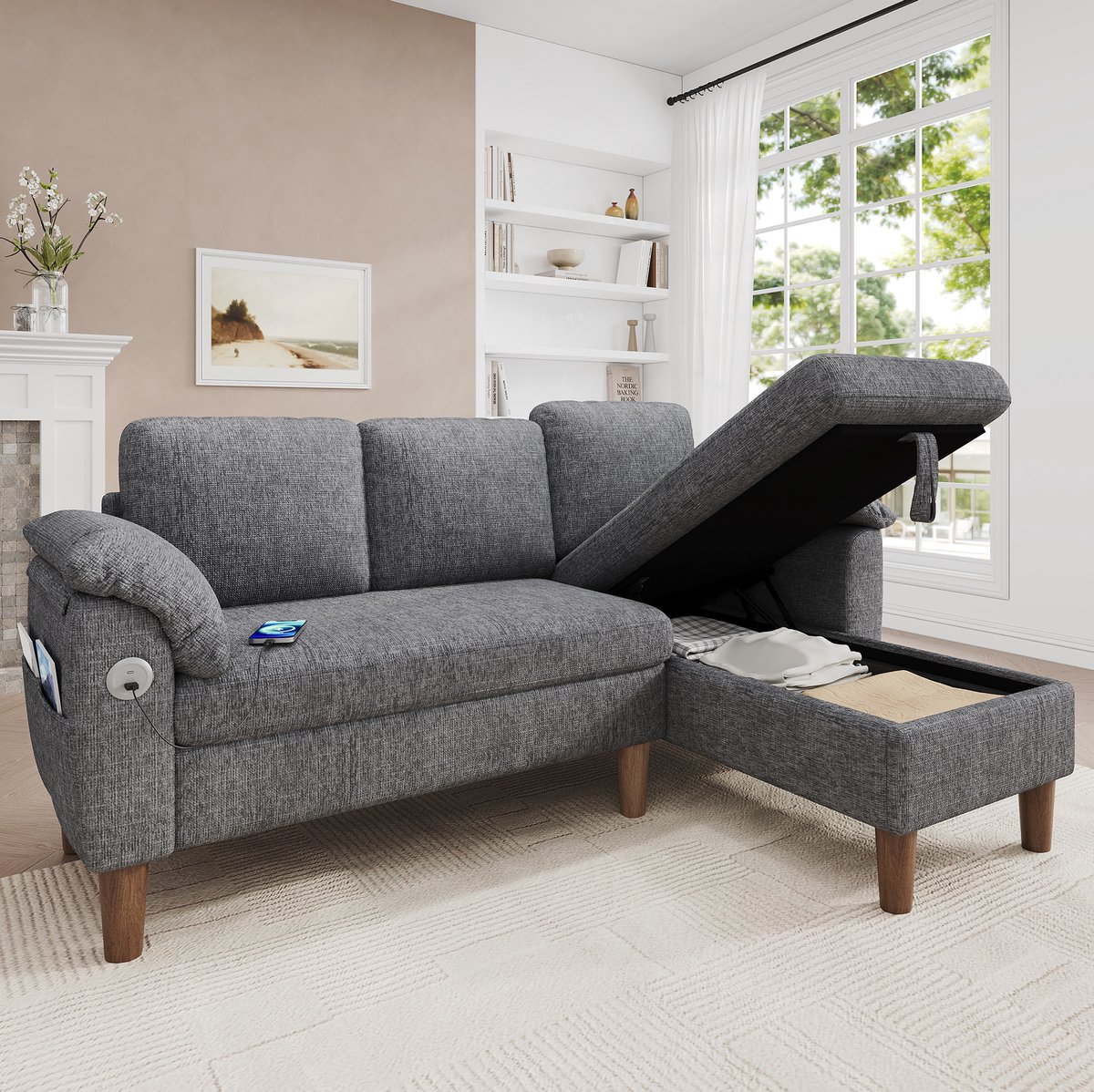 HAUSS SPOLE Hoekbank Met Opbergruimte - 3-Zits Met Omkeerbare Chaise Longue - USB En Type-C Aansluiting - Chenille Lichtgrijs