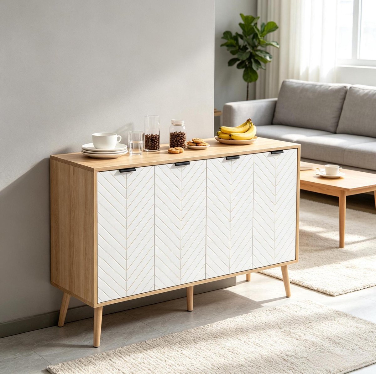 HAUSS SPOLE Dressoir - Vierdeurs Opbergkast Met Verstelbare Plank - Voor Woonkamer En Eetkamer - Spaanplaat - 120 X 35 X 77,4 Cm - Wit