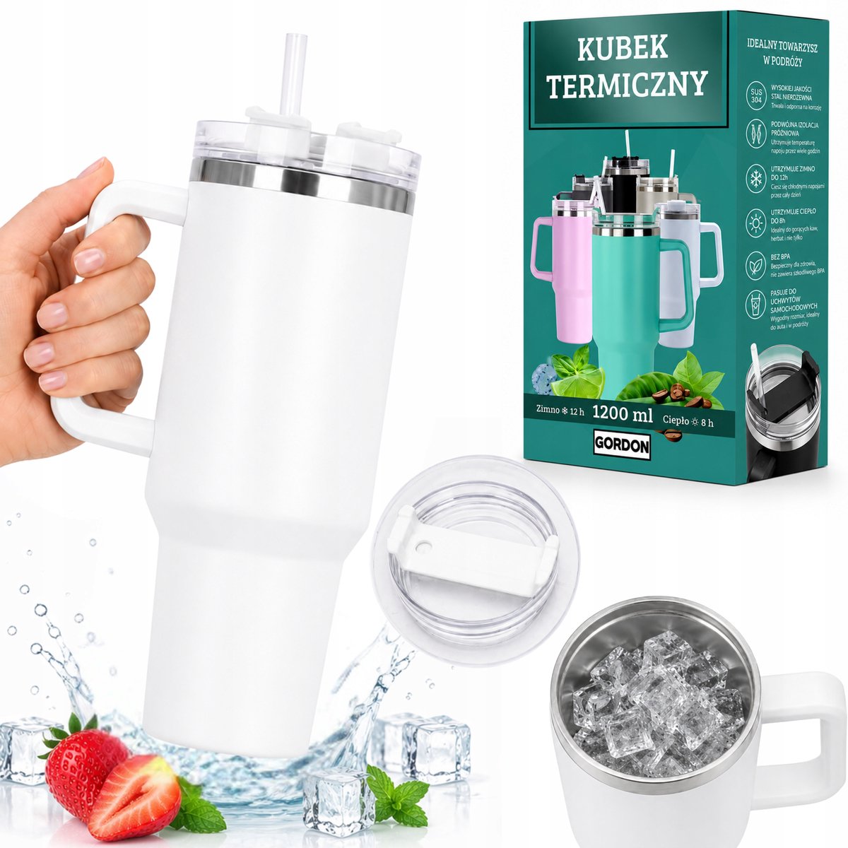Grote Thermosbeker 1200 ml met Rietje & Handvat - Wit
