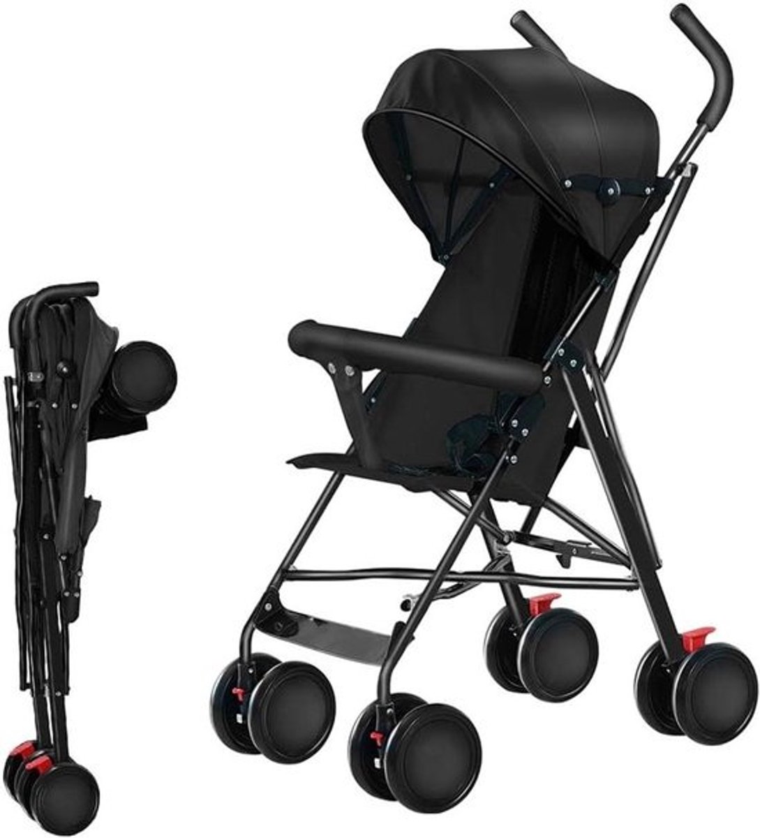 Compacte kinderwagen - Lichte buggy - Voor reizen met baby - Met één hand opvouwbaar - Tot 15 kg - Zwart