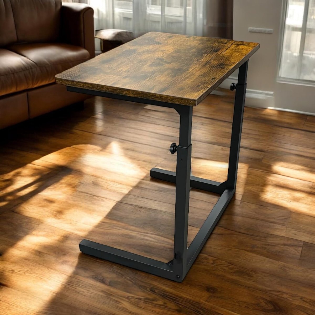 C-Bijzettafel Verstelbaar - 50 tot 76 cm Hoog - Laptoptafel voor Bank en Bed - Sofa Tafel met Metalen Frame - Bijzettafel met 25 kg Draagvermogen - Rustiek Bruin