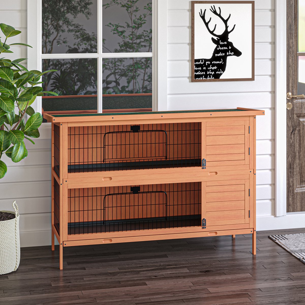 REDOM - Kleintierhok - Twee verdiepingen - Uitneembare trays - Verzinkt metalen gaas - Hout - Oranje - 136,4 x 50 x 93 cm