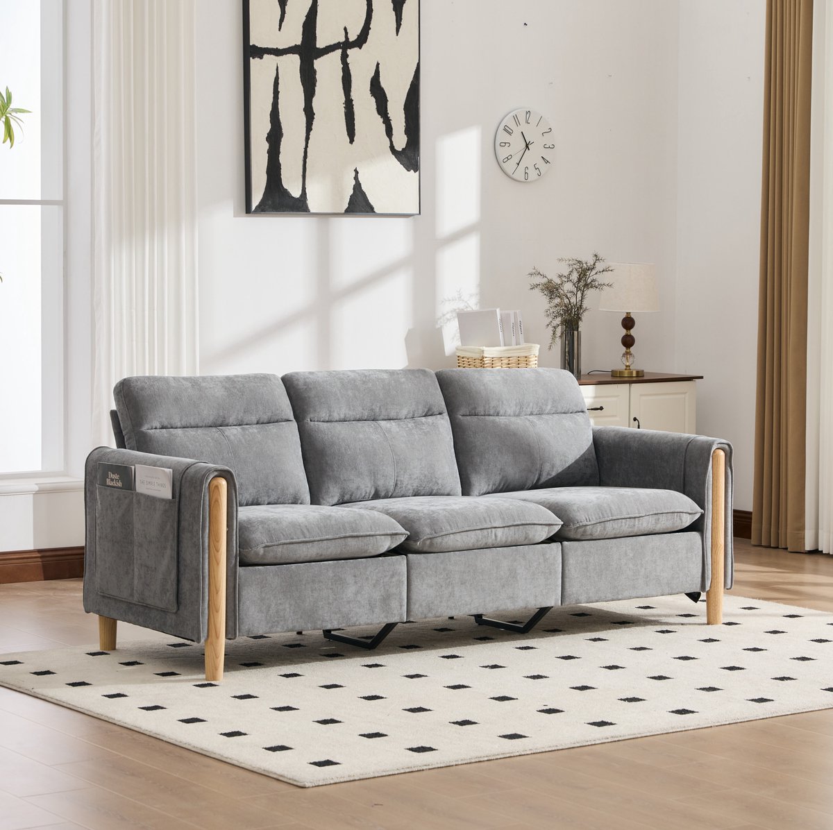 REDOM Hoekbank - 3-zits L-vorm - Wisselbare chaise longue - Opberghocker en zijvakken - Scandinavische stijl - Chenille - Lichtgrijs - 201 x 77 x 86 cm
