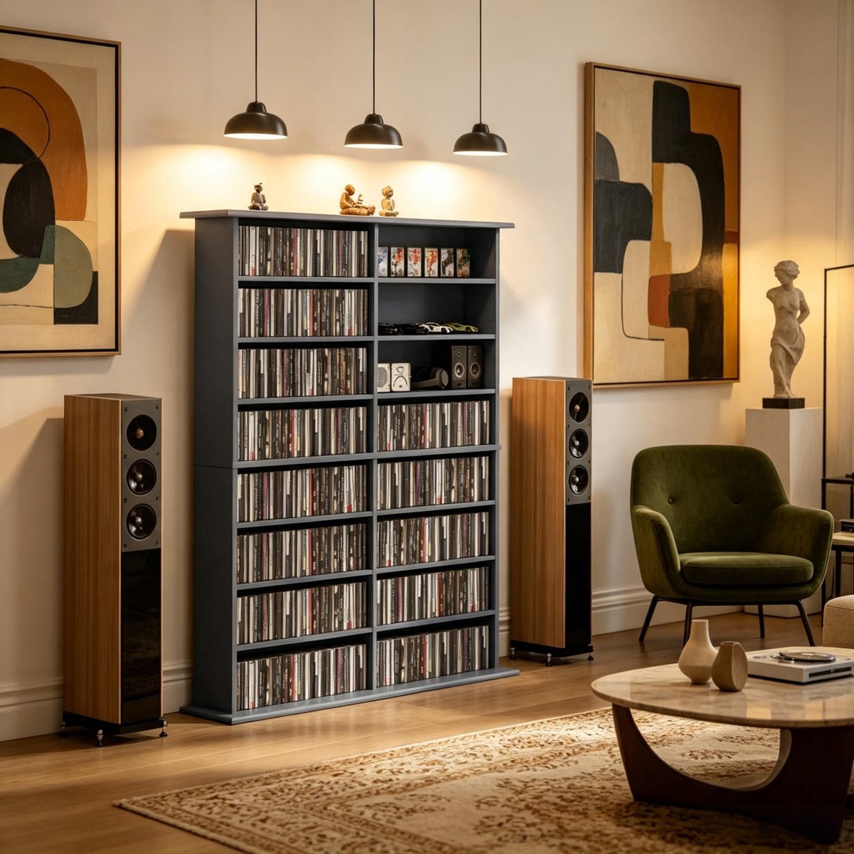 Grote CD Opbergkast - 16 Vakken Met 12 Verstelbare Planken - Voor CD, DVD En Blu-ray - Grijze Spaanplaat - 106,5 x 24 x 126,3 cm