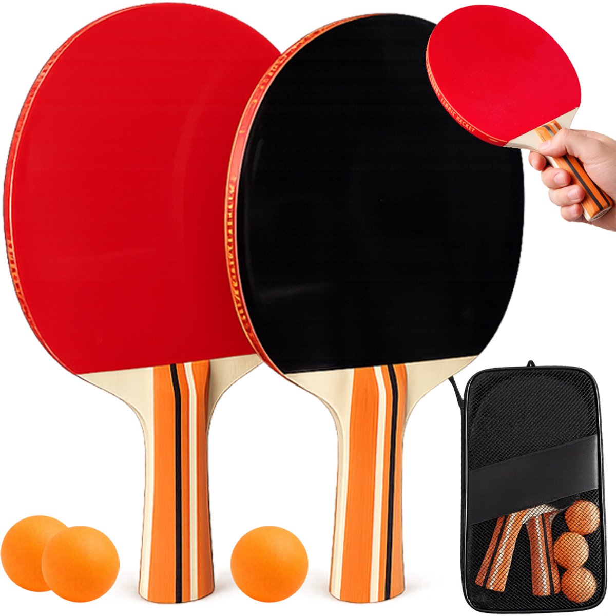 Ping Pong Set: 2 Batjes, 3 Balletjes & Etui - Merkloos