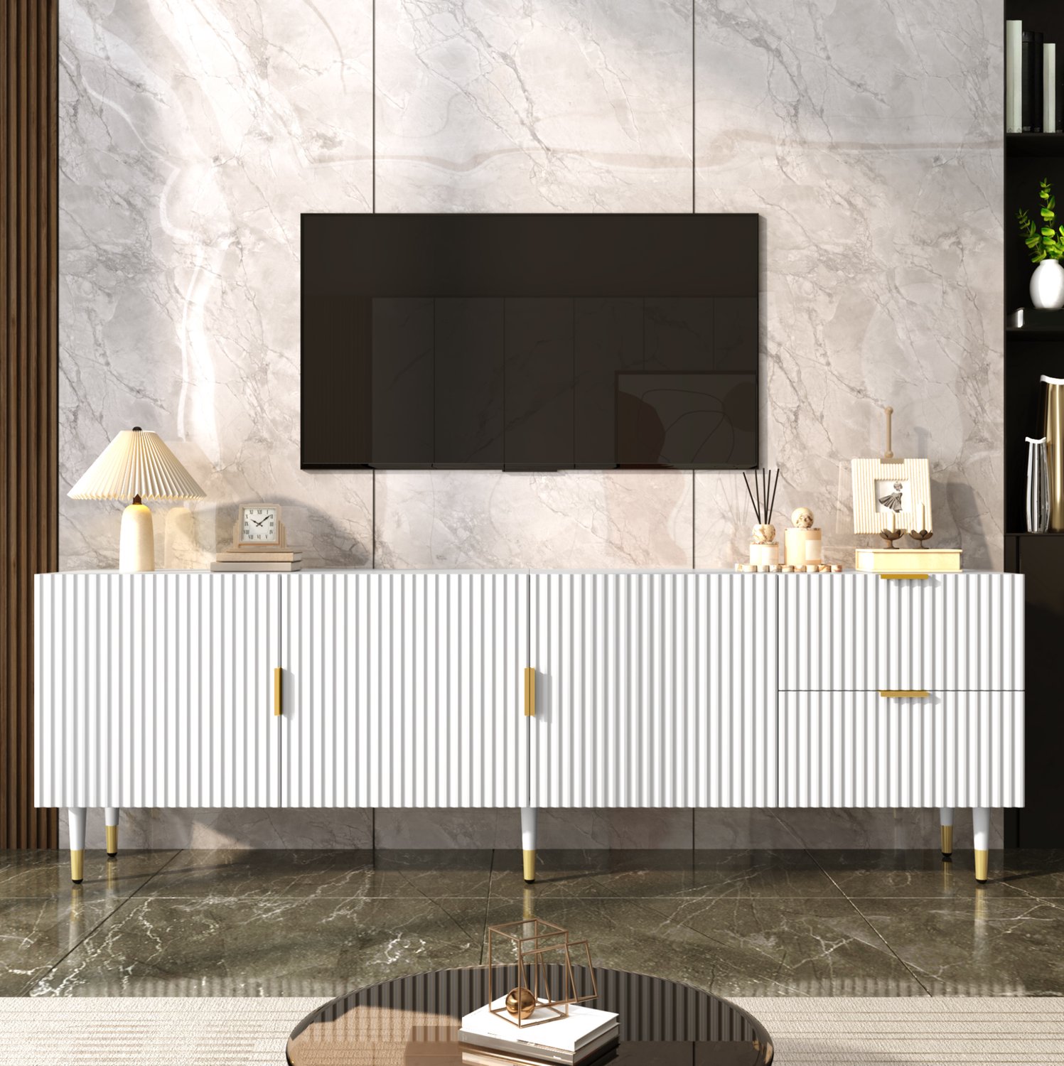 DESMIU TV Meubel - 3 Deuren Met Laden En Planken - Kabelopeningen En Zacht Sluitende Scharnieren - MDF - 170x35,5x55 Cm - Wit