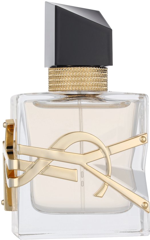 Transparante parfumfles met gouden YSL logo, gouden rand en zwarte dop.
