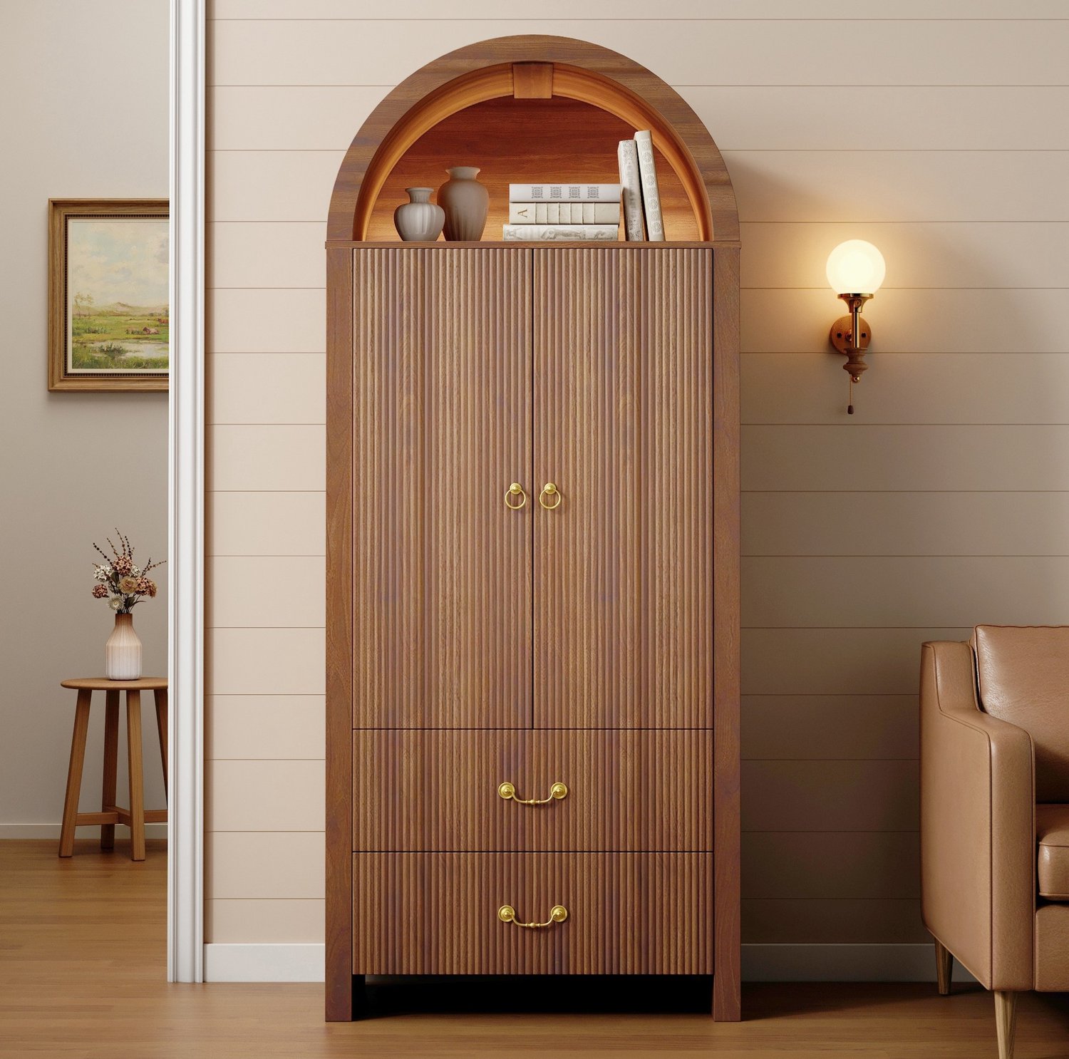DESMIU Buffetkast - Ledverlichting Via Smartphoneapp - Open Boogvak Met Twee Deuren En Twee Lades - Hout - 76x38x180 Cm - Notenhout Walnoot