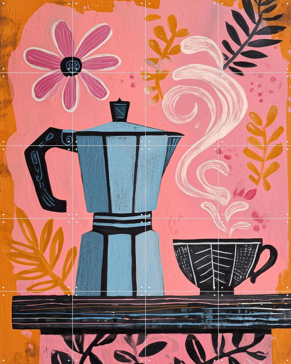 IXXI Coffee In Pink, Branka Kodžoman - 80 x 100 cm - Gratis ophangtool - Grote wanddecoratie en posters - Kleurrijk, Illustraties, Eetkamer, Keuken