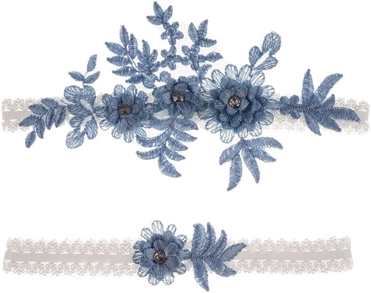 Bruid kant met strass, bruiloft dijbeenband, blauw, A