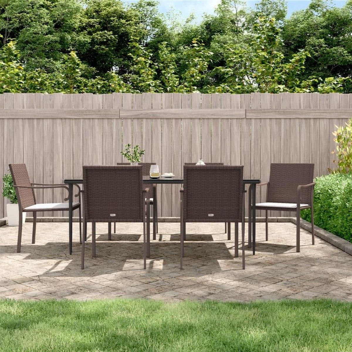 Tuinstoelen met kussen, 6 stuks, bruin, 56 x 59 x 84 cm, polyrotan, vrijetijdsstoelen, outdoorstoelen, terrasstoelen, balkonstoelen voor tuin, gazon, terras