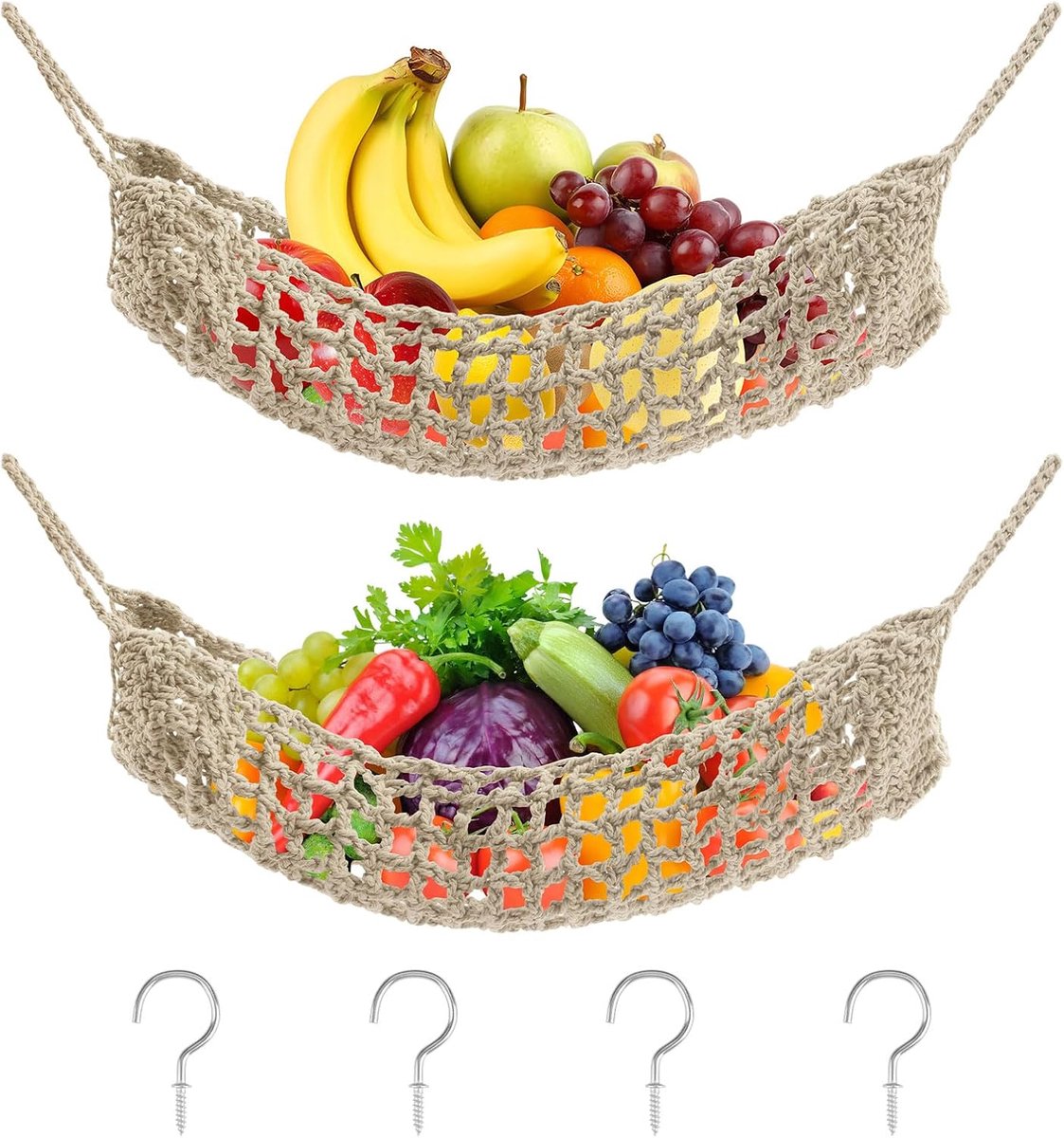 2 Stks Macrame Fruit Hangmat, Katoen Fruit Houder Net, Onder Kast Veggie Opslag Ruimtebesparende Keuken Decor met Haken