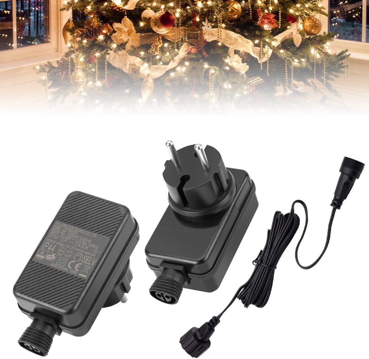 12 V 2 A lichtketting, voeding, adapter, led-voeding, transformator, stekker met 3 m verlengkabel, IP44-stekker, lichtketting, vervanging, voor led-lichtsnoeren, kerstdecoratie, gordijnlampen