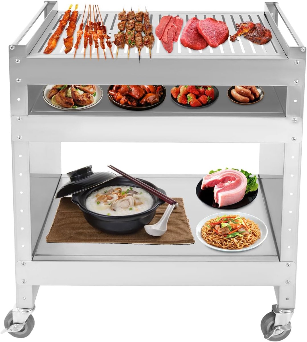 Grilltafel, outdoor grillwagen met 3 etages en 4 universele wielen, 3 niveaus grill bijzettafel, multifunctionele outdoor grill, 59 x 40,5 x 82 cm