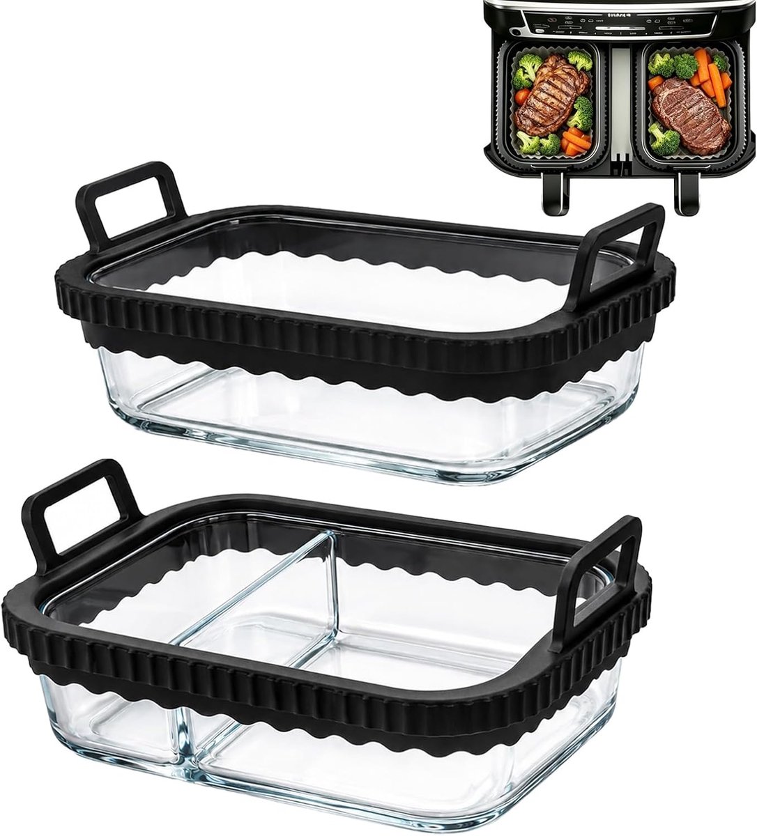 2 stuks glazen ovenvormen Airfryer accessoires voor Ninja heteluchtfriteuse kamers met siliconen handgrepen afneembare siliconen ring, vaatwasmachinebestendig, BPA-vrij, compatibel met Philips AF400EU
