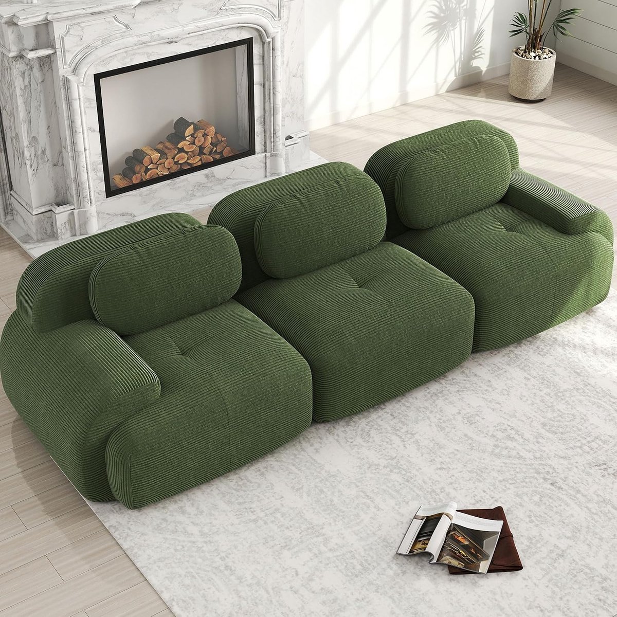 3-zitsbank van premium corduroy, modulaire frameloze loungebank met 32D koudschuim, ergonomische armleuningen en antislip onderkant, montagevrije bank voor woonkamer en slaapkamer, groen