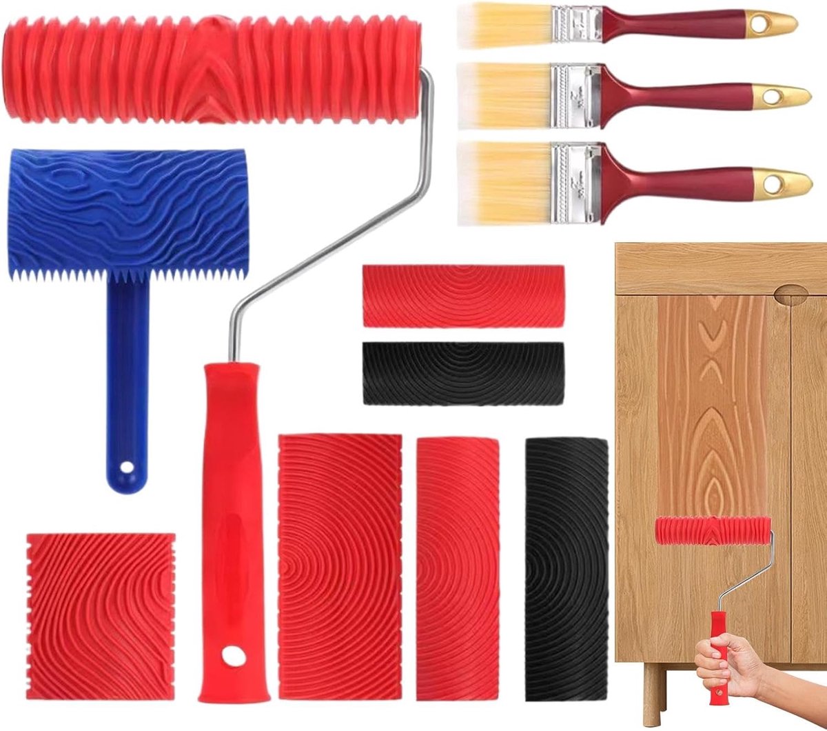 11-delig schildergereedschap in realistische met handvat, schilderrol in houtlook, voor decoratie, kunst, snijwerk, het maken van meubels, landschap, zomerhuis