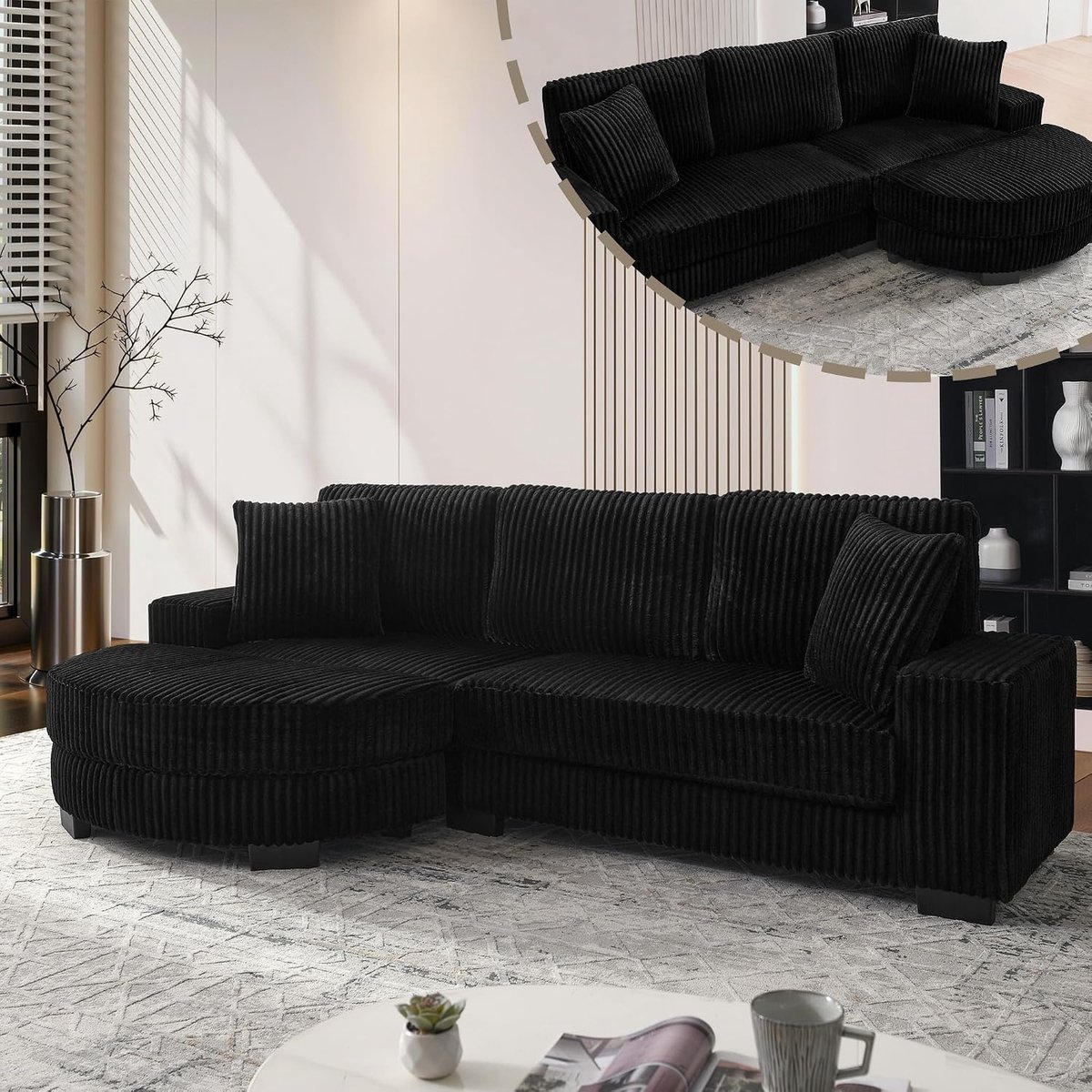 Modulaire hoekbank zwart, 4-zits L-bank van corduroy met kruk
