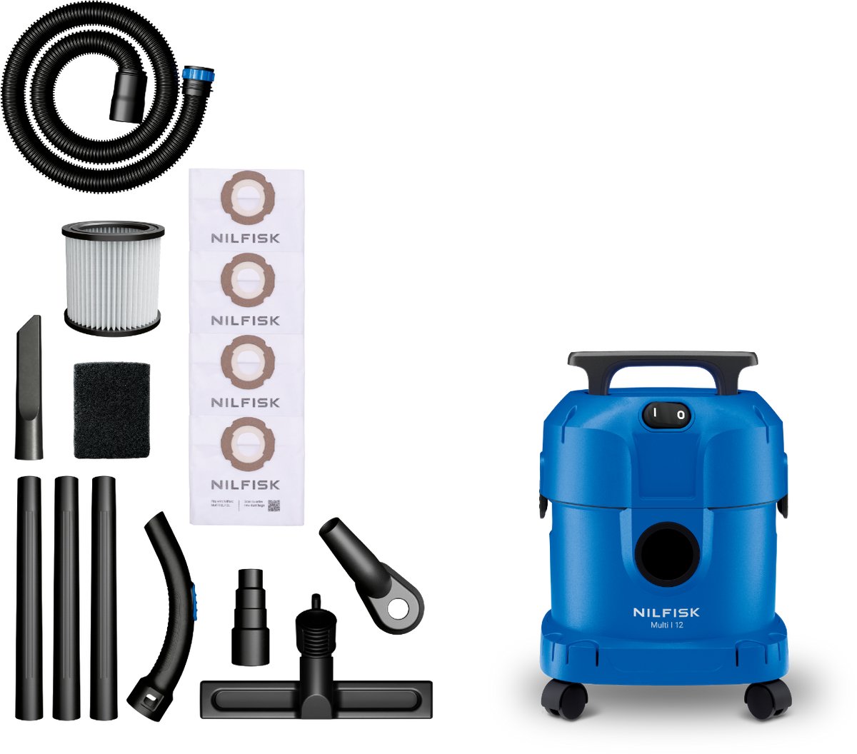 Nilfisk Multi I 12 DIY Edition Nat- & Droogzuiger 1100W - 12L Waterzuiger met Gereedschapsadapter, Boorhulpstuk & 4 Fleece Stofzakken