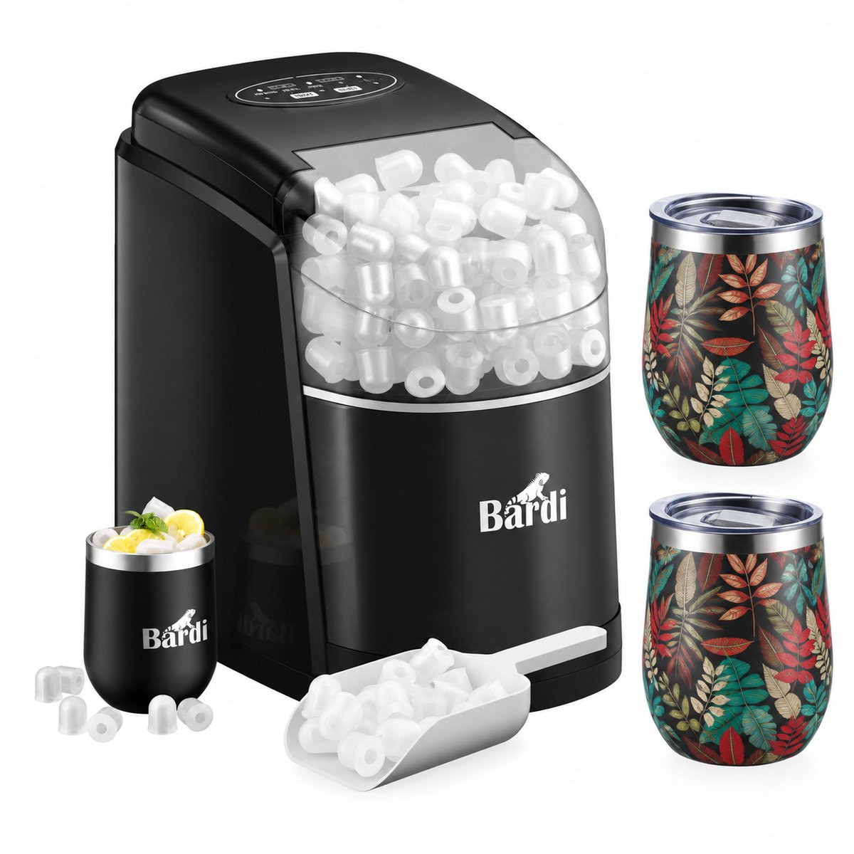 Bardi IJsblokjesmachine Set - 1.6L Zwart - Zelfreinigingsfunctie - IJsblokmaker met IJsschep -met IJsschep - Inclusief Luxe 3 Thermosbekers en Ijsschep- Jungle