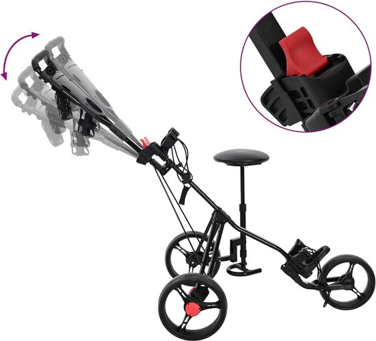 Golftrolley met zitting, inklapbaar, zwart, ijzeren frame, 95 x 69 x 114 cm, golftrolley met voetrem — afbeelding 2