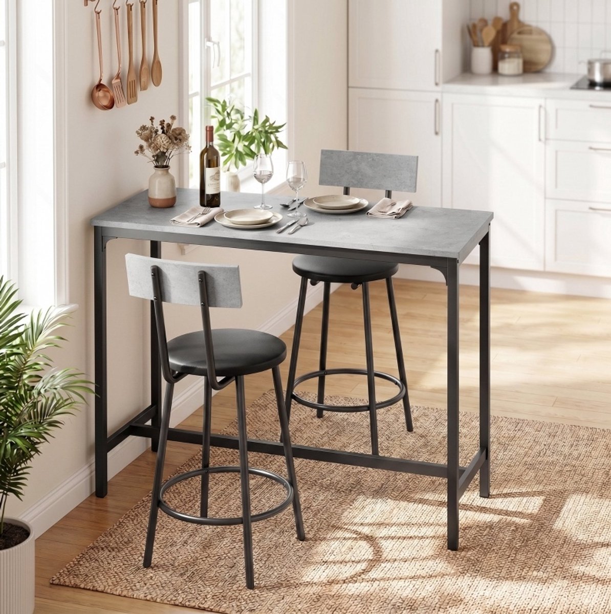DESMIU Bartafel Set 100 X 40 X 90 5 Cm Met 2 Barhockers Met Rugleuning En Voetsteun Voor Keuken En Kleine Ruimte Van Hout En Metaal Grijs