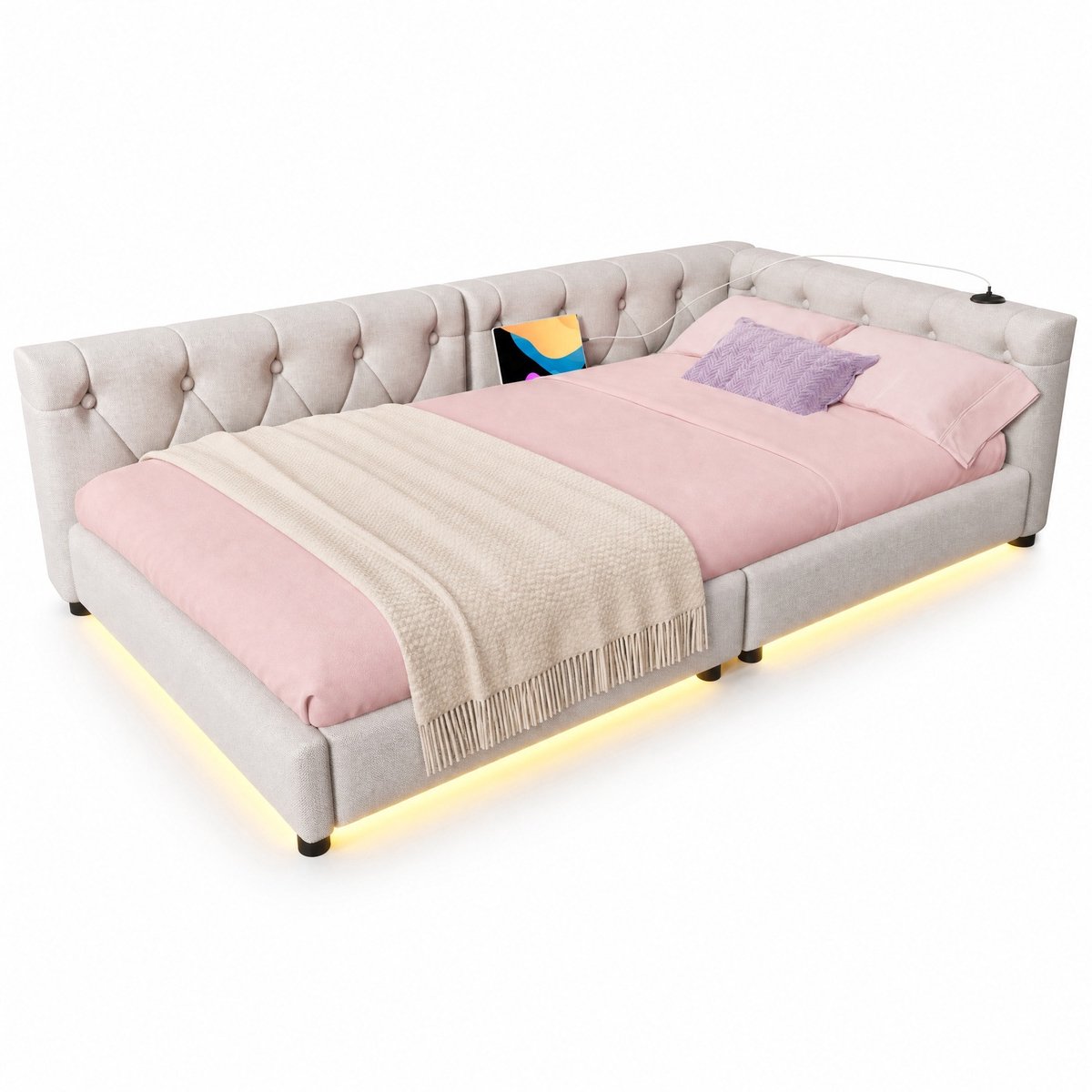 WUVRIE Slaapbank 90x200 cm met lattenbodem, USB, Type-C en LED, beige