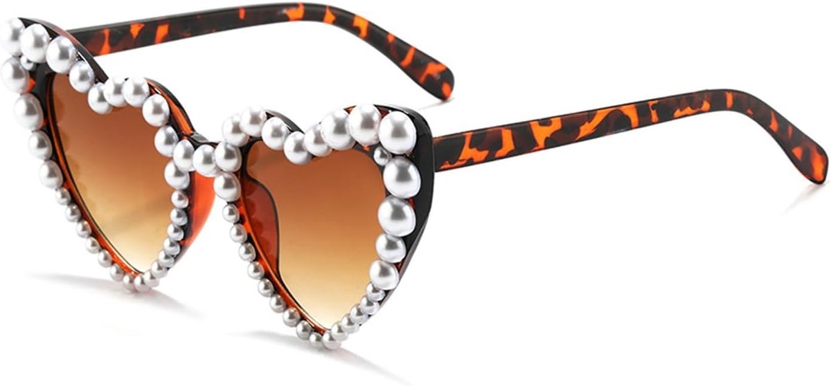 Hartvormige Parel Zonnebril voor Dames en Meisjes, Vintage Cat Eye Zonnebril voor Bruiloft en Zomerfestivals, Mode Accessoires voor Feestjes