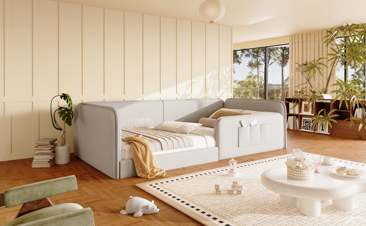 WUVRIE Normaal bed 90x200 cm met zachte linnen bekleding, veiligheidsrand en opbergvakken, beige