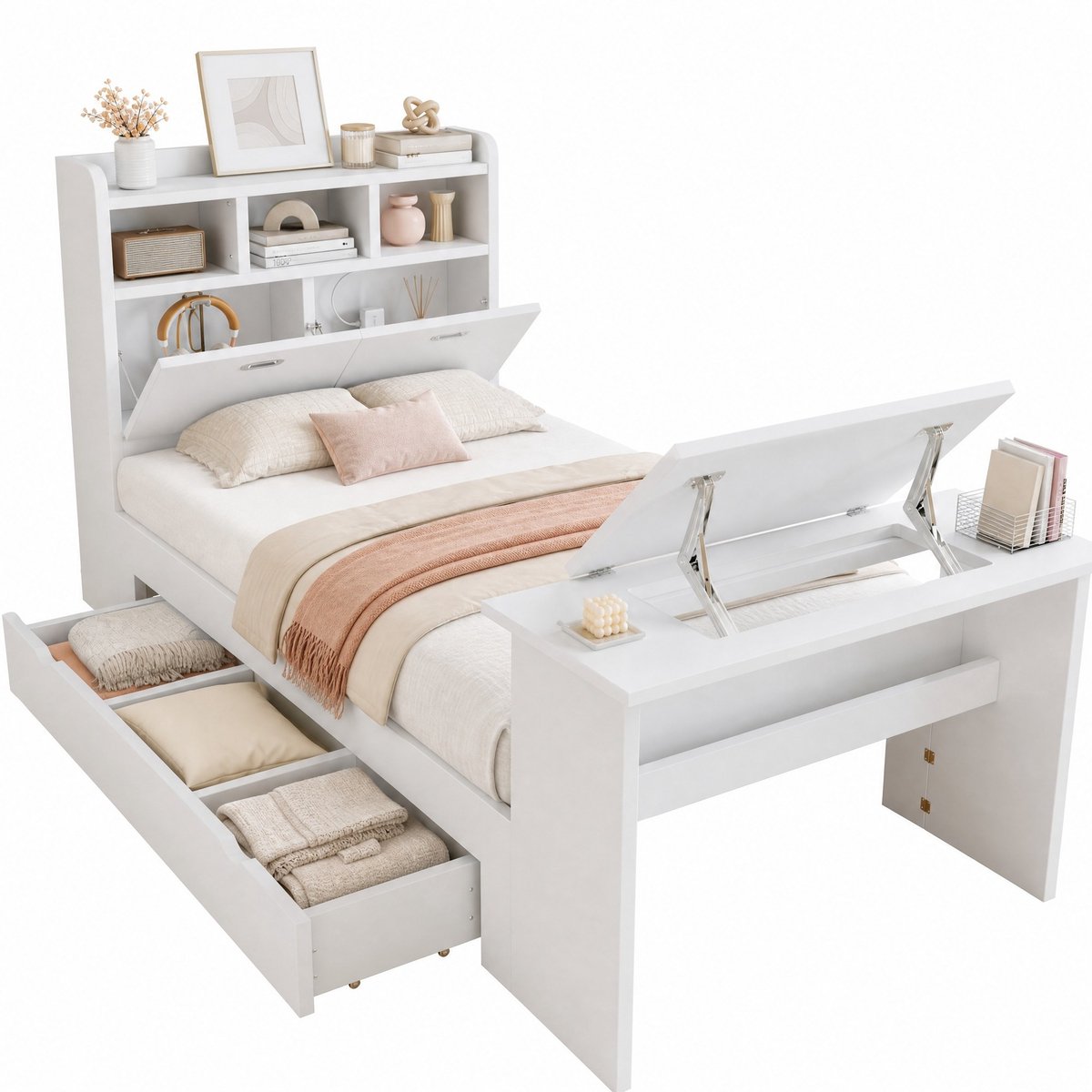 WUVRIE Kinderbed 90x200 cm met opberglade, klaptafel en hoofdeindrek, wit