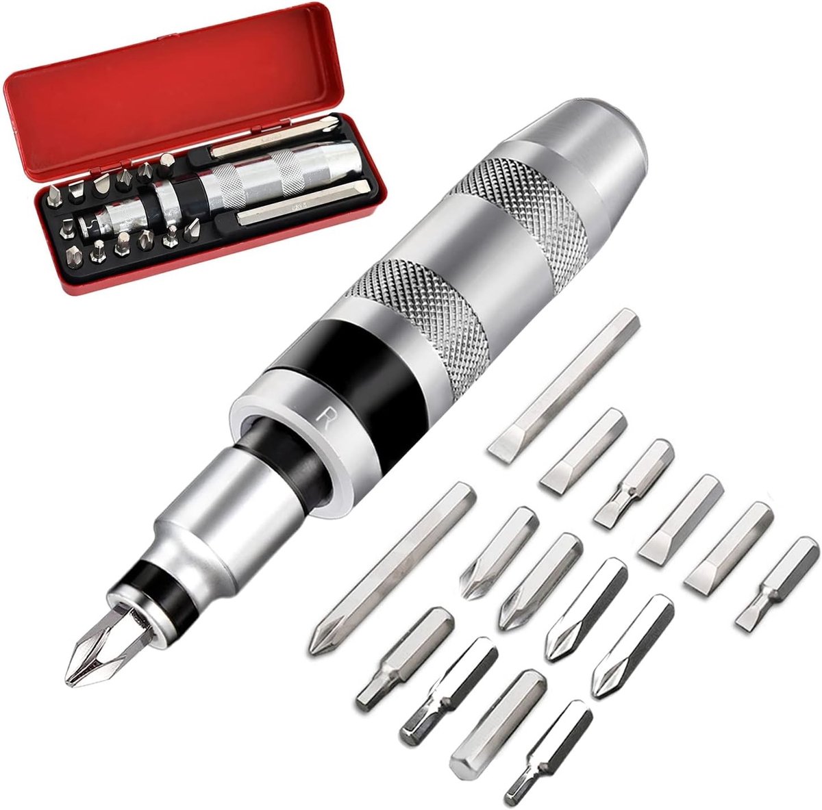 16-delige Hand Impact Schroevendraaierset met 1/2 Inch Schroefontgrendel, Inclusief Bitadapter en 15 Bits voor Slot, Phillips en Hexagon, Ideaal voor Klussen en Doe-Het-Zelf Projecten