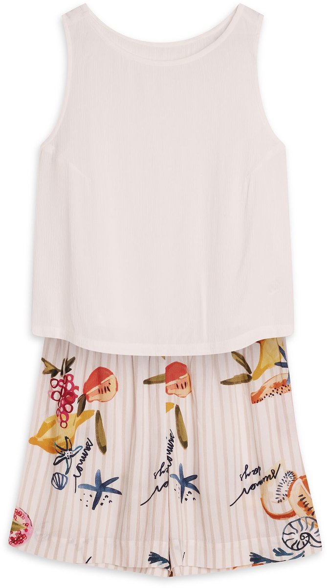 ESOTIQ Ritu - Damespyjamaset - Crèmekleurig - 100% viscose - Korte shorts Crème;Meerkleurig