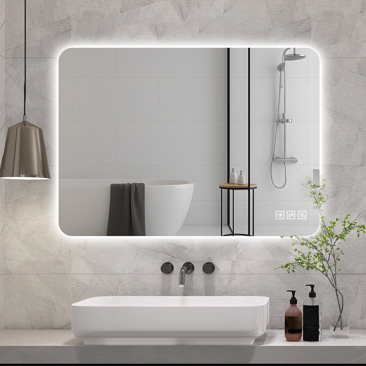 LED-badkamerspiegel 70×90cm – Frameloze, verlichte wandspiegel, dimbaar met aanraakbediening, 3 kleurtemperaturen (3000K/4000K/6000K), anti-condens, HD-spiegel zonder koper, verticale of horizontale montage.