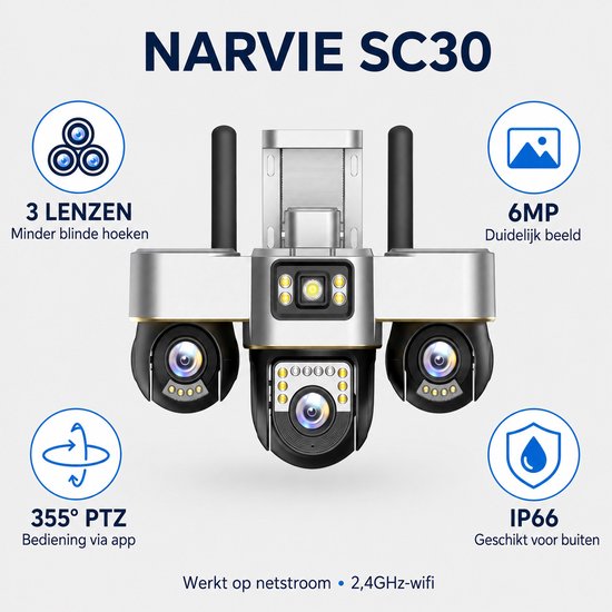 Narvie Wifi Beveiligingscamera Buiten - 6MP - 3 Lens PTZ Camera - 360° Zicht - Nachtzicht - IP66 - Live Meekijken via App van Merkloos — afbeelding 4