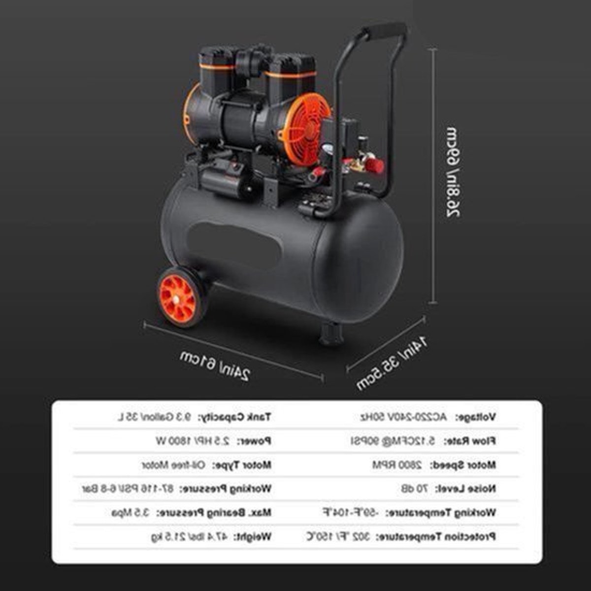 Stille Olievrije Luchtcompressor - Luchtcompressor - Luchtcompressor Bandenpomp - 70dB Geluidsarm - 9,3 Gallon - Draagbare - voor Banden - Spuitwerk - Gereedschap