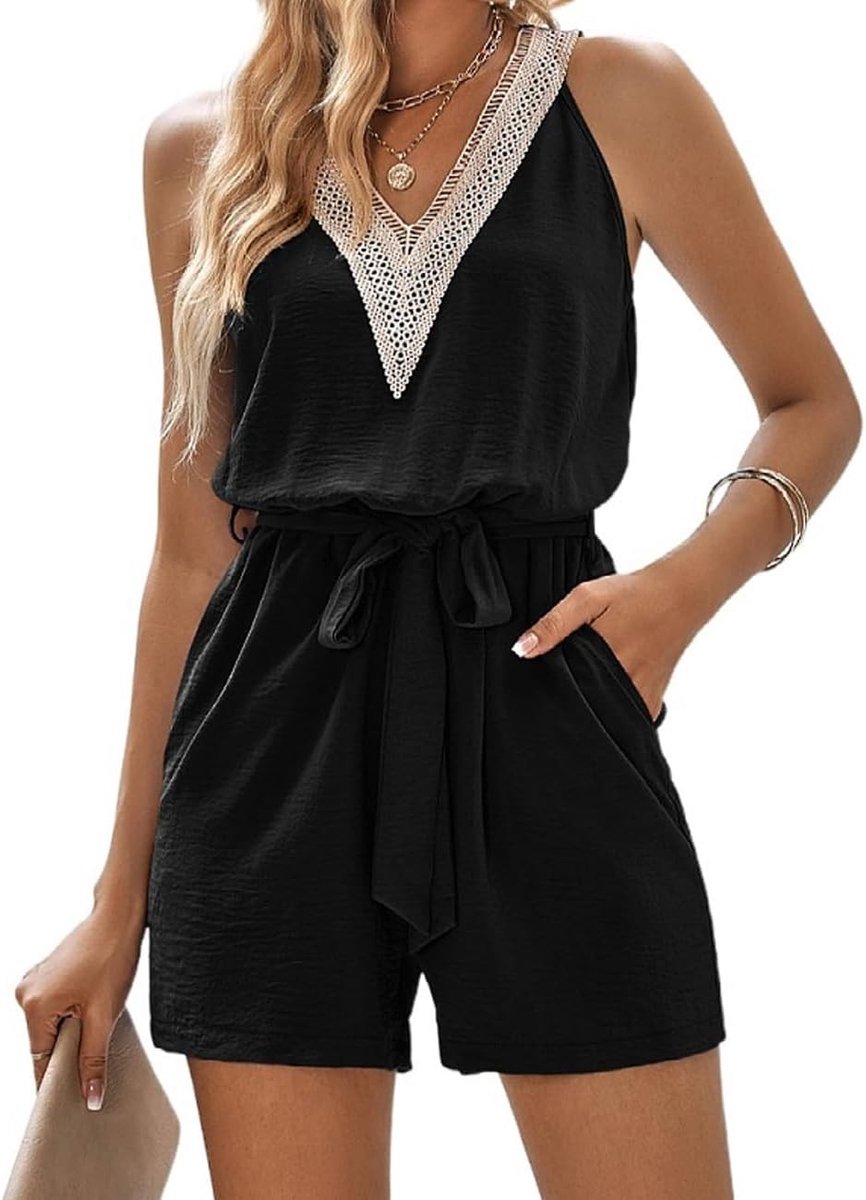 Luxe V-hals dames jumpsuit met korte mouwen, casual zomer romper met tailleband en zakken voor een trendy look