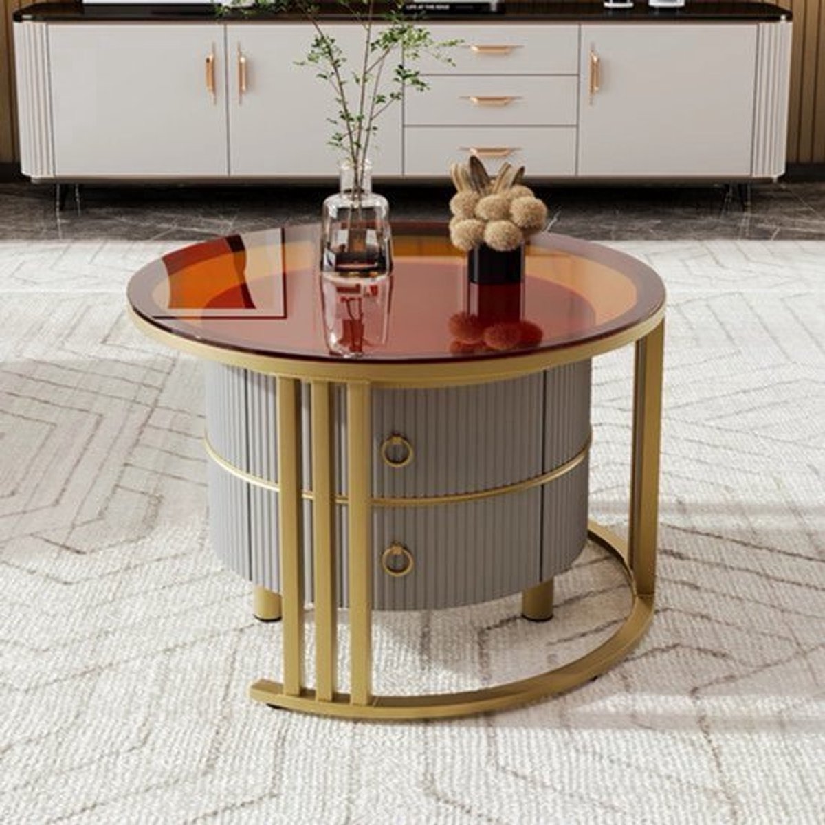 Salontafel – Bijzettafel – Woonkamertafel – 2-in-1 Tafel – MDF En Dennenhout – Glazen Blad – Opberglade - Grijs