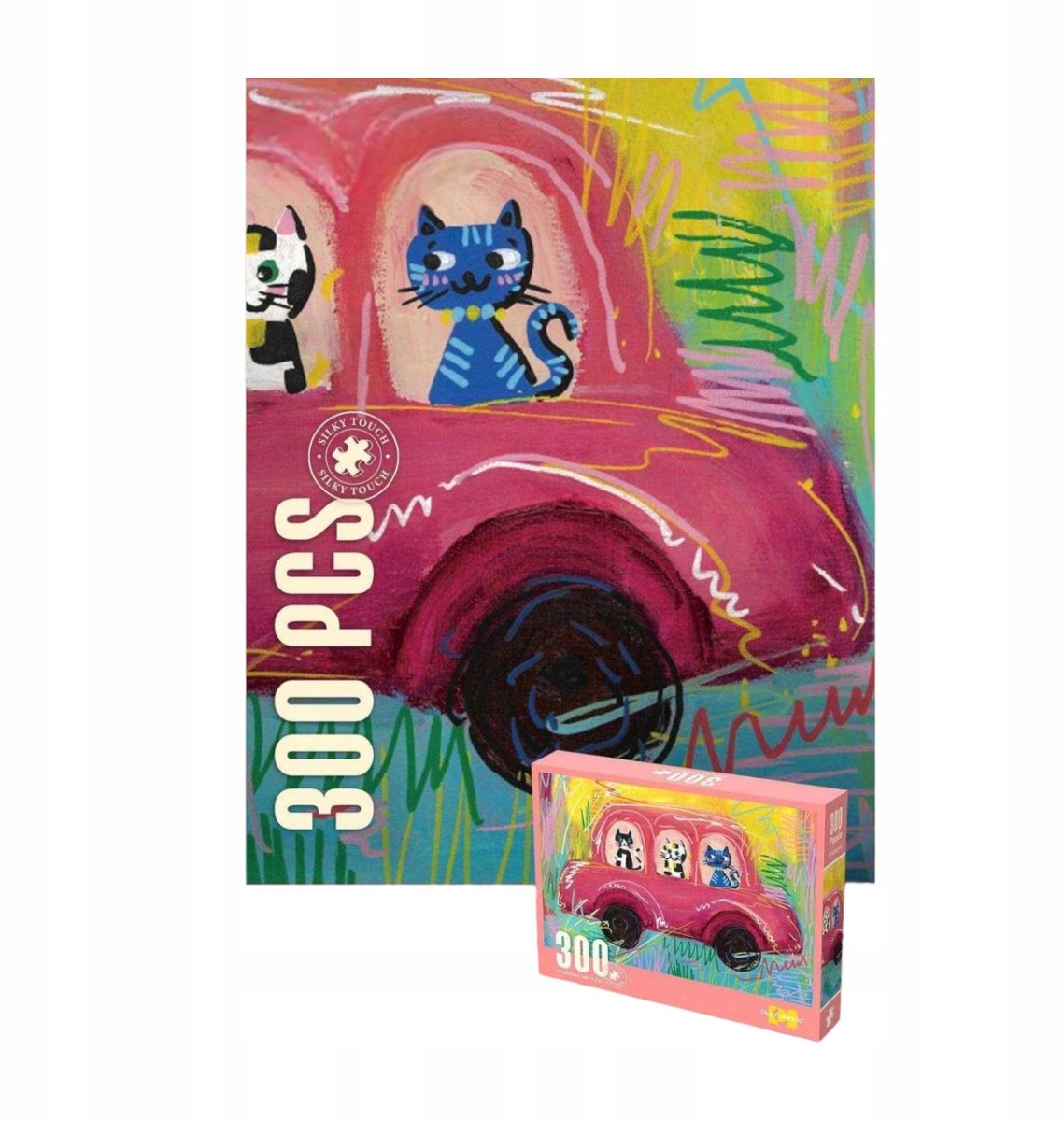 Merkloos 300-Delig Puzzel: Kleurrijke Auto met Katten