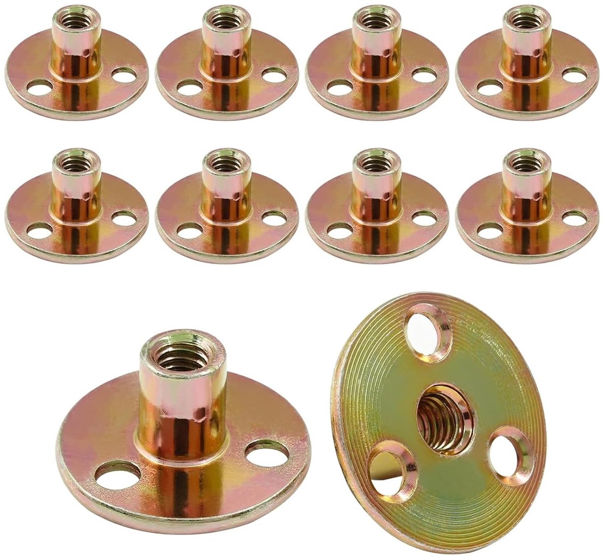 10 Stuks M10 T-nuten met 3 gaten, ronde basis, verzinkt staal voor meubelversteviging en bevestiging M10x37x2.5mm