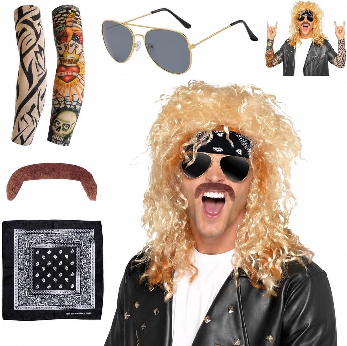 Complete 80's Kostuumset met Pruik, Disco Zonnebril en Snor voor Halloween en Verkleedfeest