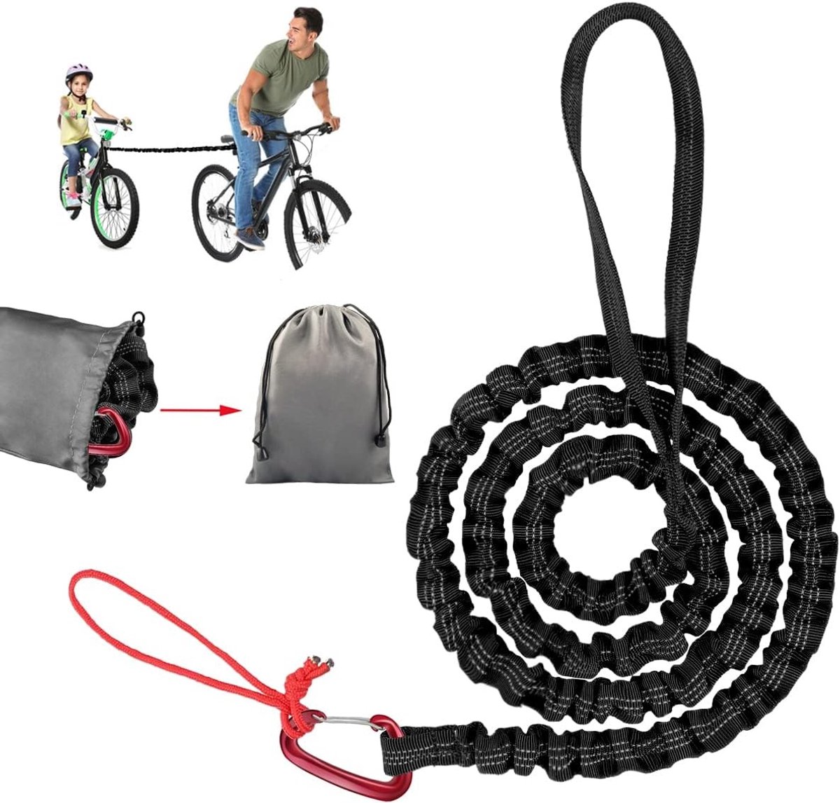 Fiets sleeptouw - Zwart - 1,7 tot 3 meter - Elastisch Nylon met Metalen Haak - Voor Kinderen en Volwassenen