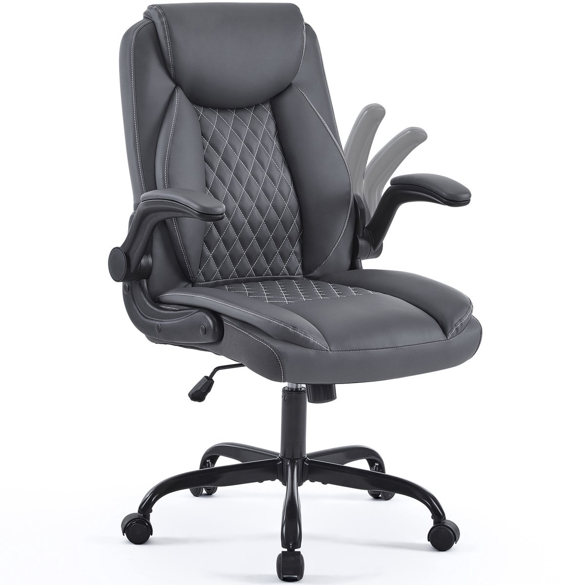 REDOM - Vergaderstoel - Ergonomische rugondersteuning - Verstelbare hoogte - Opklapbare armleuningen - 360° draaibaar - Voor kantoor - Leer - Grijs - 64 x 64 x 102 cm