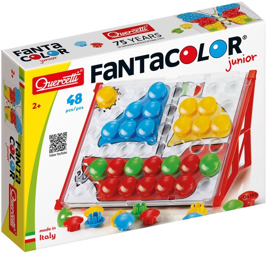 Doos van Quercetti Fantacolor Junior met een transparante plaat en rode, blauwe en gele knopen.