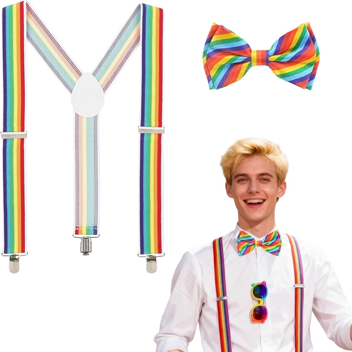 Kleurrijke Regenboog Suspender en Strikset voor Carnaval, Halloween en Feestjes - Clown Kostuum Accessoires met Metalen Clips