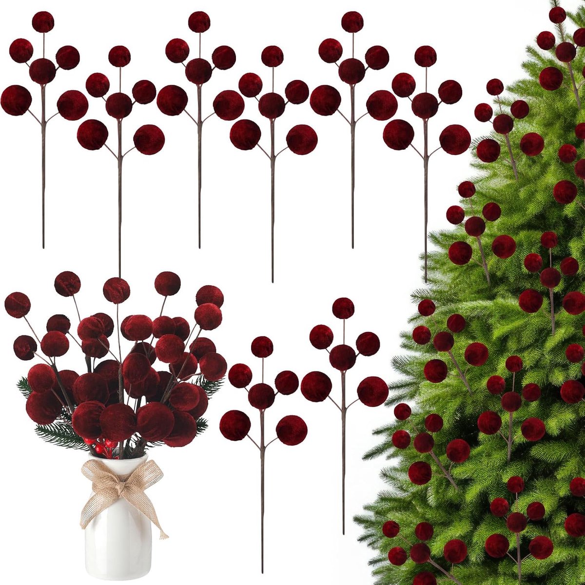 Kerstversiering - Fluweel Kersttakken - Kerstboomdecoratie - 30 cm - 8 stuks - Dieprood