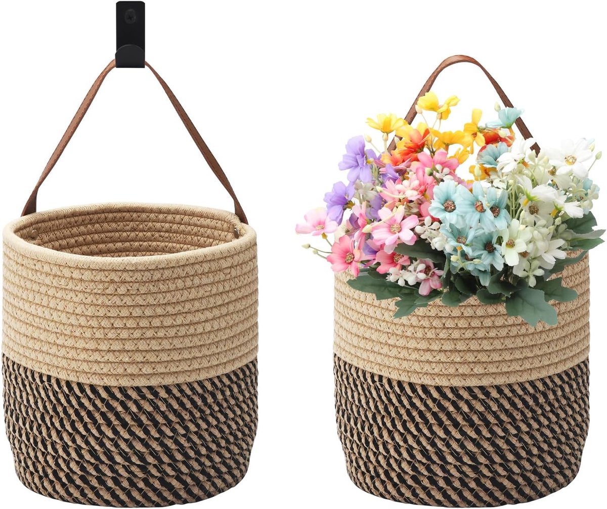 2 Stuks Hangende Mand met Handvat, Geweven Opbergmand voor Wand, Plantenmand en Decoratieve Wandmand voor Badkamer en Kamerorganisatie